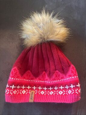 Kids Red & Pink Fair Isle Knit Pom Beanie
